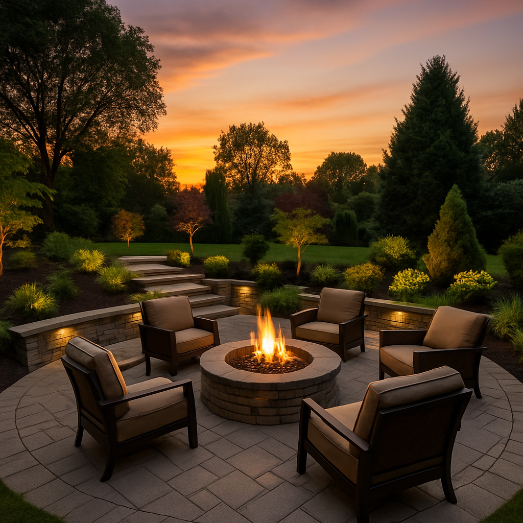 luxury backyard patio at sunset with outdoor fire pit and landscaping