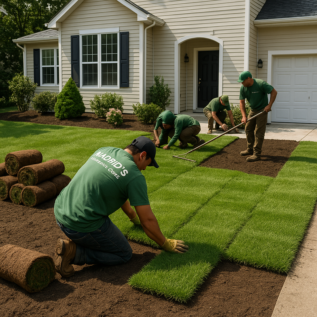 fresh sod installation on suburban lawn, professional crew at work