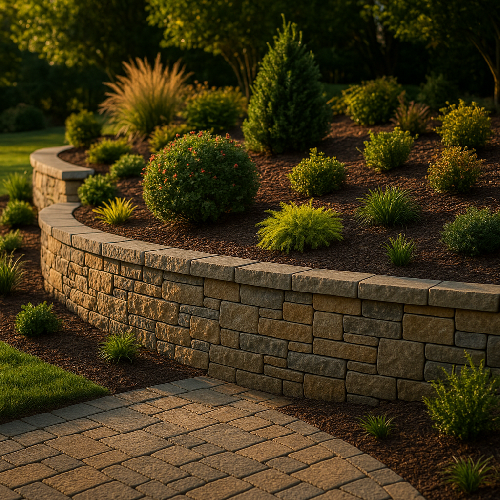 stone retaining wall with landscaped beds, golden hour lighting