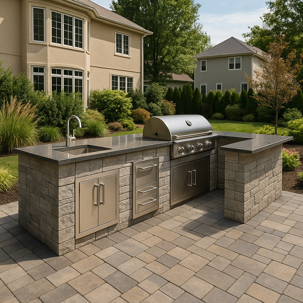modern outdoor kitchen and paver patio, upscale residential